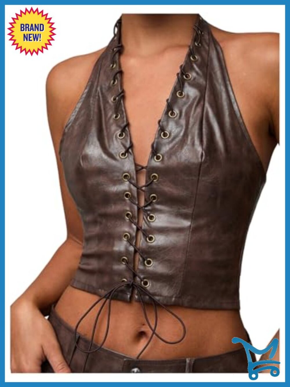PU Leather Lace Up Halter Corset Top Y2K Going Out Crop